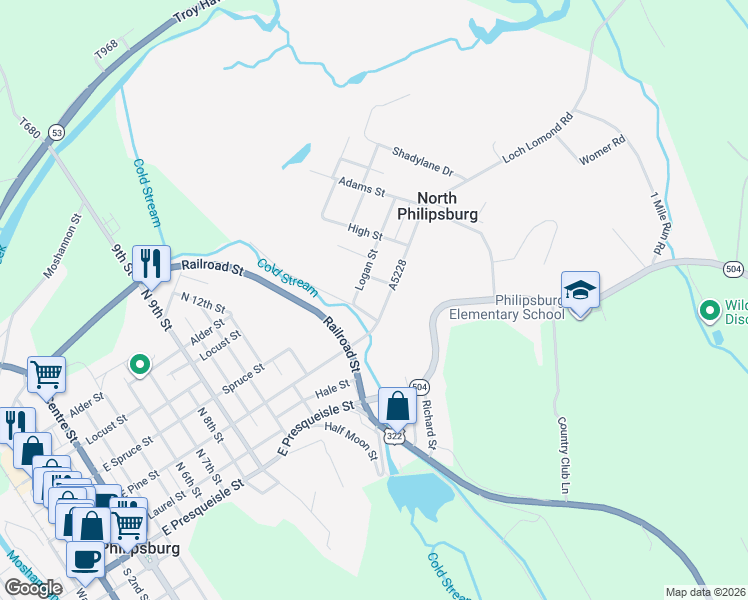 map of restaurants, bars, coffee shops, grocery stores, and more near 155 A5228 in Philipsburg