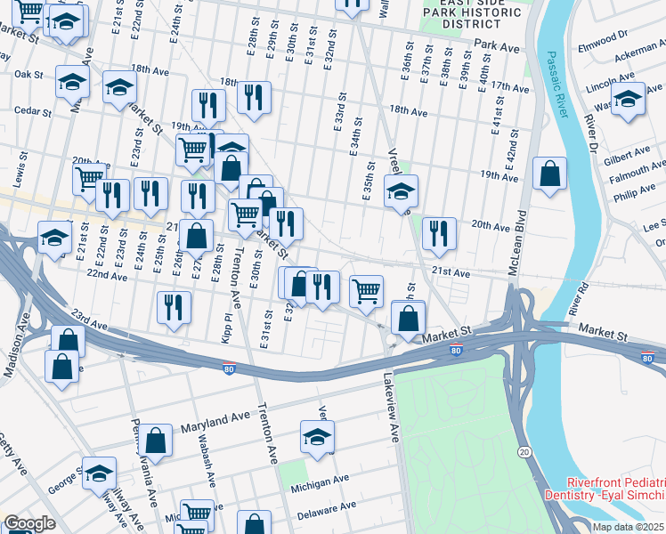 map of restaurants, bars, coffee shops, grocery stores, and more near 700 21st Avenue in Paterson