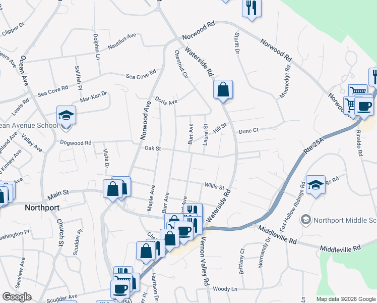 map of restaurants, bars, coffee shops, grocery stores, and more near 87 Burt Avenue in Northport