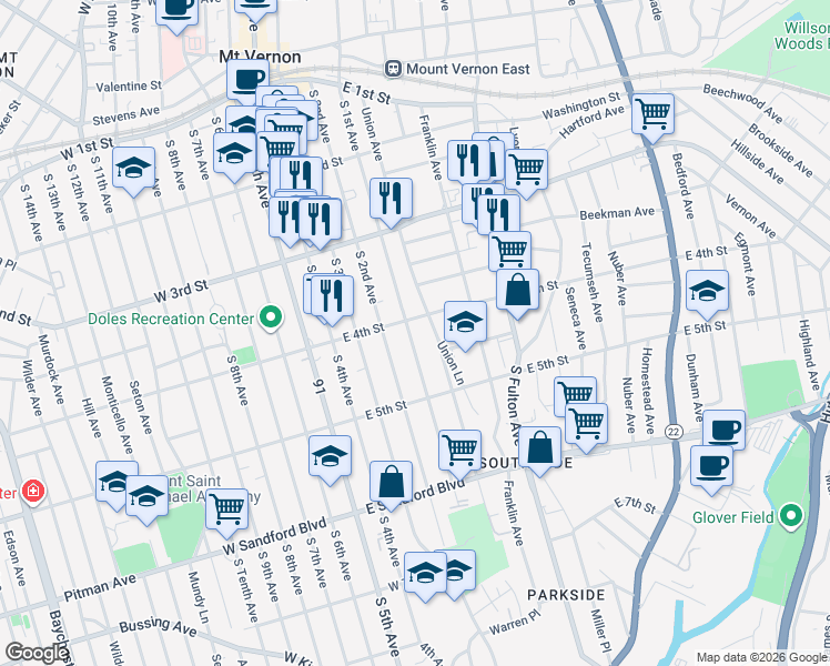 map of restaurants, bars, coffee shops, grocery stores, and more near 309 South 1st Avenue in Mount Vernon