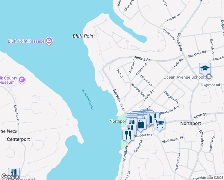 map of restaurants, bars, coffee shops, grocery stores, and more near 139 Bayview Avenue in Northport