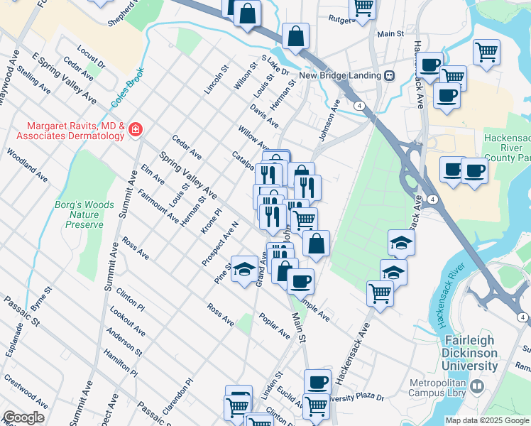 map of restaurants, bars, coffee shops, grocery stores, and more near 150 Pine Street in Hackensack