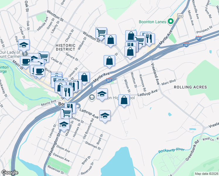 map of restaurants, bars, coffee shops, grocery stores, and more near 169 Kanouse Street in Boonton