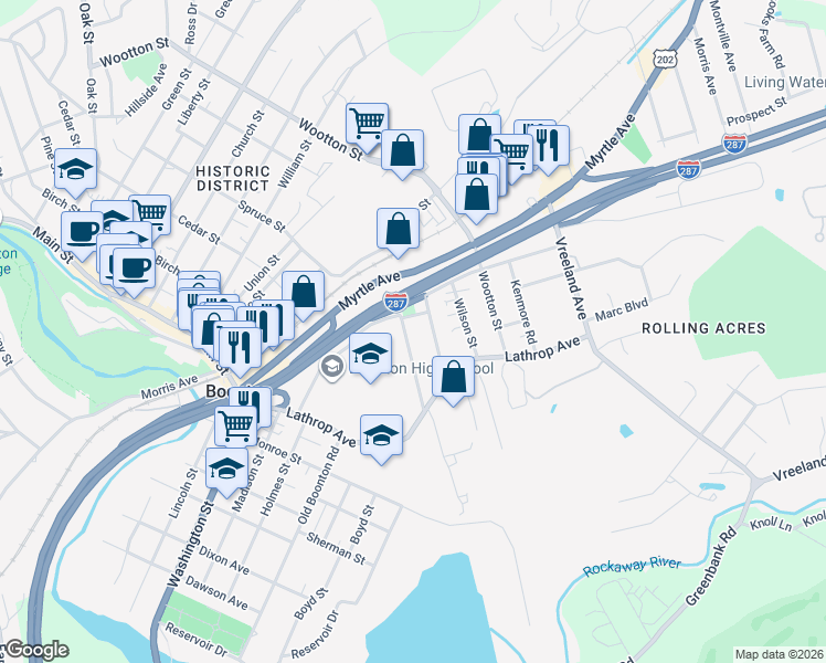 map of restaurants, bars, coffee shops, grocery stores, and more near 170 Kanouse Street in Boonton Township