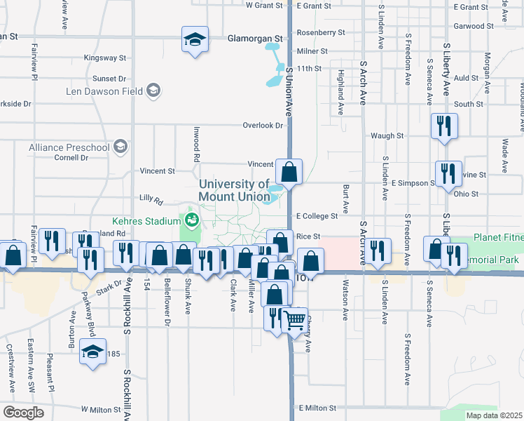 map of restaurants, bars, coffee shops, grocery stores, and more near 1700 Miller Avenue in Alliance