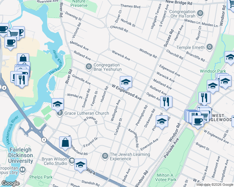 map of restaurants, bars, coffee shops, grocery stores, and more near 514 West Englewood Avenue in Teaneck