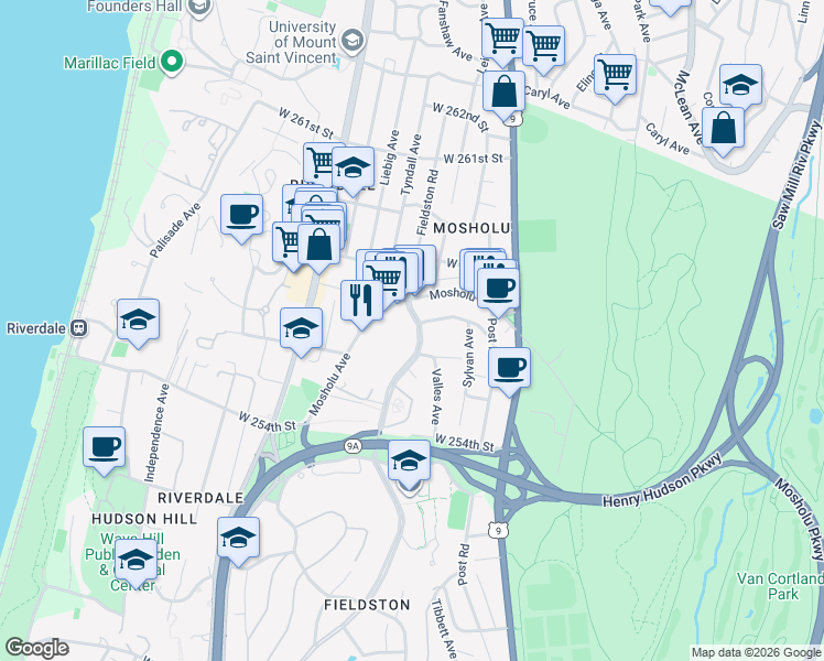 map of restaurants, bars, coffee shops, grocery stores, and more near 5700 Fieldston Road in Bronx