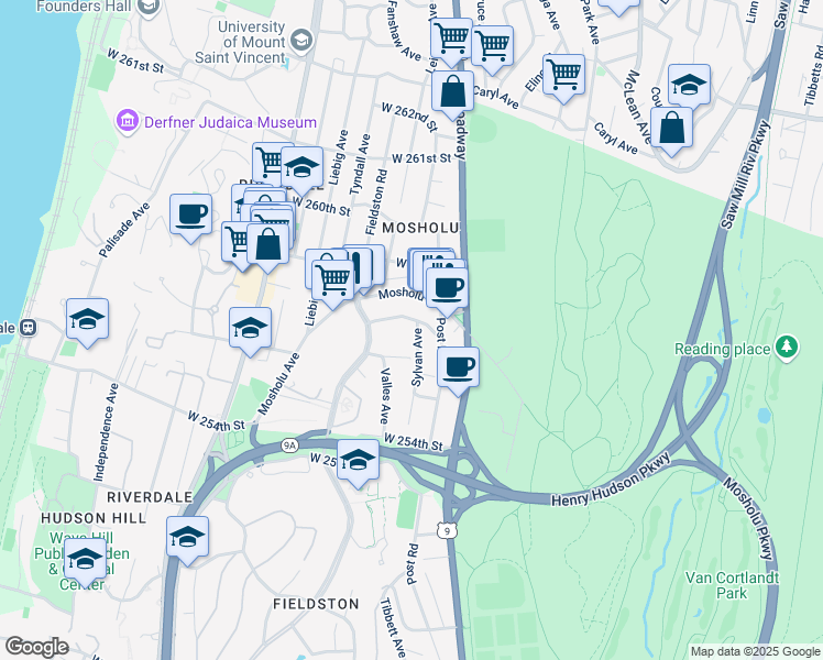 map of restaurants, bars, coffee shops, grocery stores, and more near 5651 Sylvan Avenue in Bronx