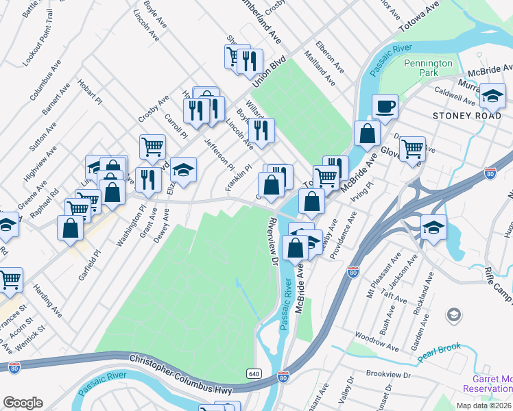map of restaurants, bars, coffee shops, grocery stores, and more near 56 Charles Street in Totowa