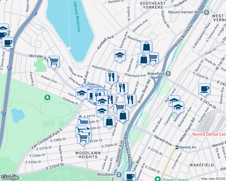 map of restaurants, bars, coffee shops, grocery stores, and more near 71 Hyatt Place in Yonkers
