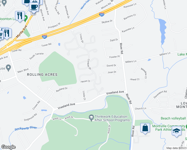 map of restaurants, bars, coffee shops, grocery stores, and more near 3 Conklin Drive in Montville