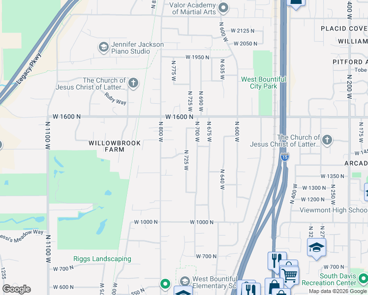 map of restaurants, bars, coffee shops, grocery stores, and more near 1449 North 725 West in West Bountiful