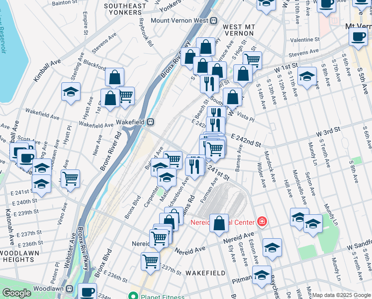 map of restaurants, bars, coffee shops, grocery stores, and more near 633 East 241st Street in Bronx