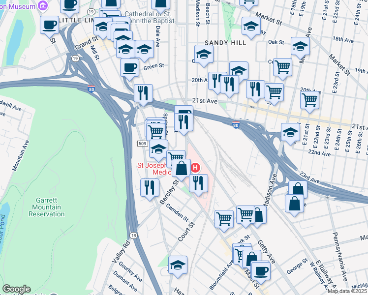 map of restaurants, bars, coffee shops, grocery stores, and more near 200 Hospital Plaza in Paterson