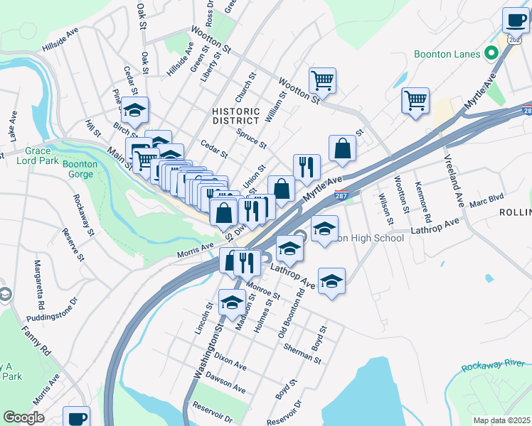 map of restaurants, bars, coffee shops, grocery stores, and more near 219 Division Street in Boonton
