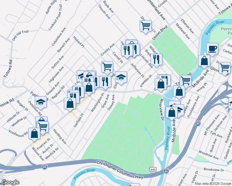 map of restaurants, bars, coffee shops, grocery stores, and more near 320 Totowa Road in Totowa