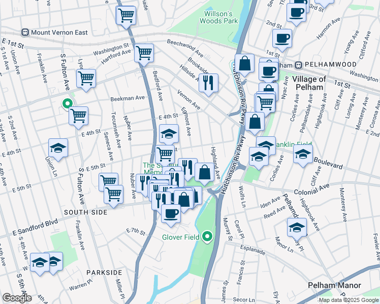 map of restaurants, bars, coffee shops, grocery stores, and more near 362 Egmont Avenue in Mount Vernon