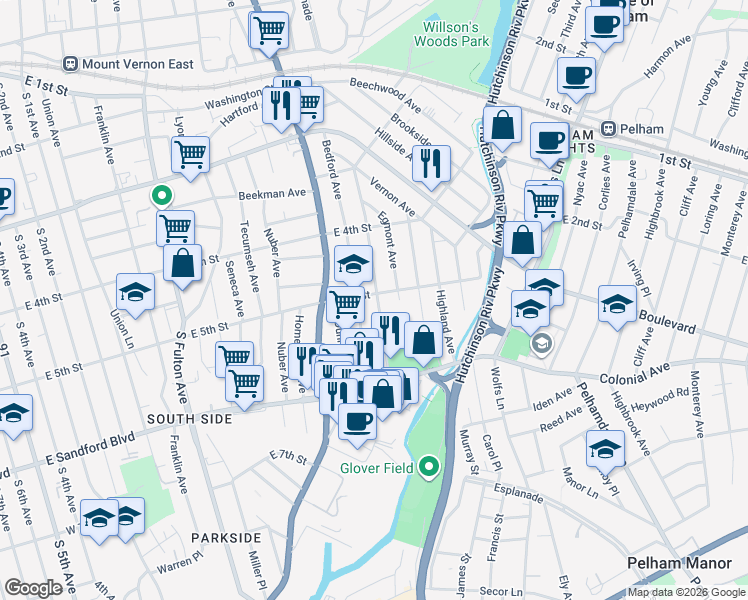map of restaurants, bars, coffee shops, grocery stores, and more near 357 Bedford Avenue in Mount Vernon