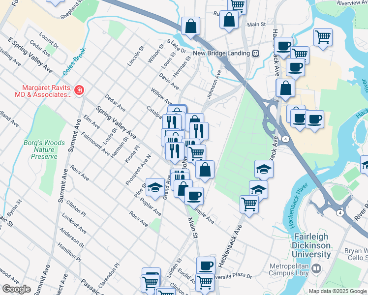 map of restaurants, bars, coffee shops, grocery stores, and more near 17 Voorhis Lane in Hackensack