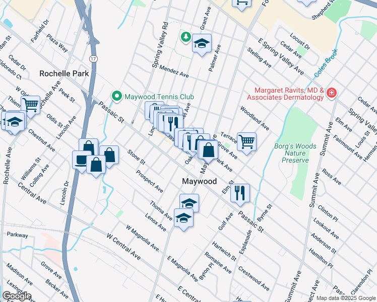 map of restaurants, bars, coffee shops, grocery stores, and more near 561 Oak Avenue in Maywood