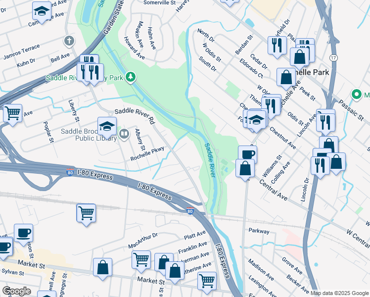 map of restaurants, bars, coffee shops, grocery stores, and more near 9 Kenwood Court in Saddle Brook
