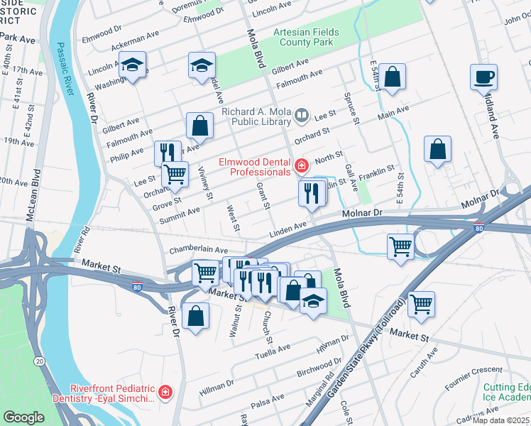 map of restaurants, bars, coffee shops, grocery stores, and more near 26 Grant Street in Elmwood Park