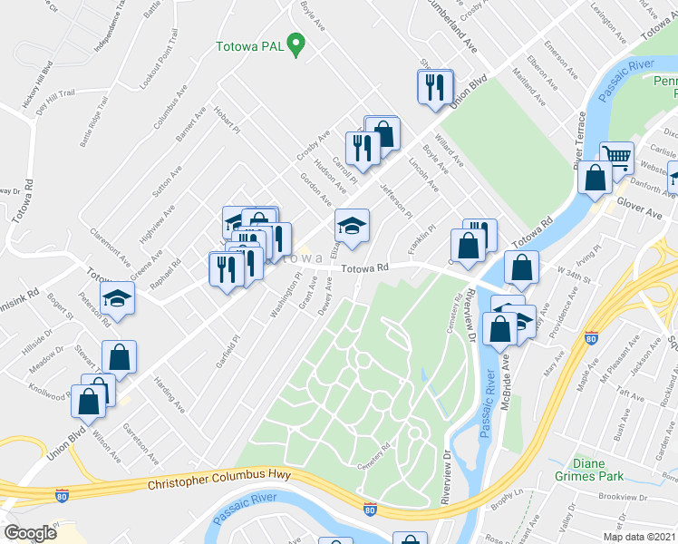 map of restaurants, bars, coffee shops, grocery stores, and more near 320 Totowa Road in Totowa