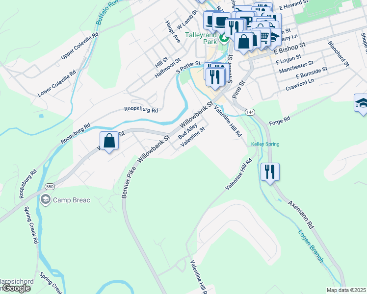 map of restaurants, bars, coffee shops, grocery stores, and more near 640 Bud Alley in Bellefonte