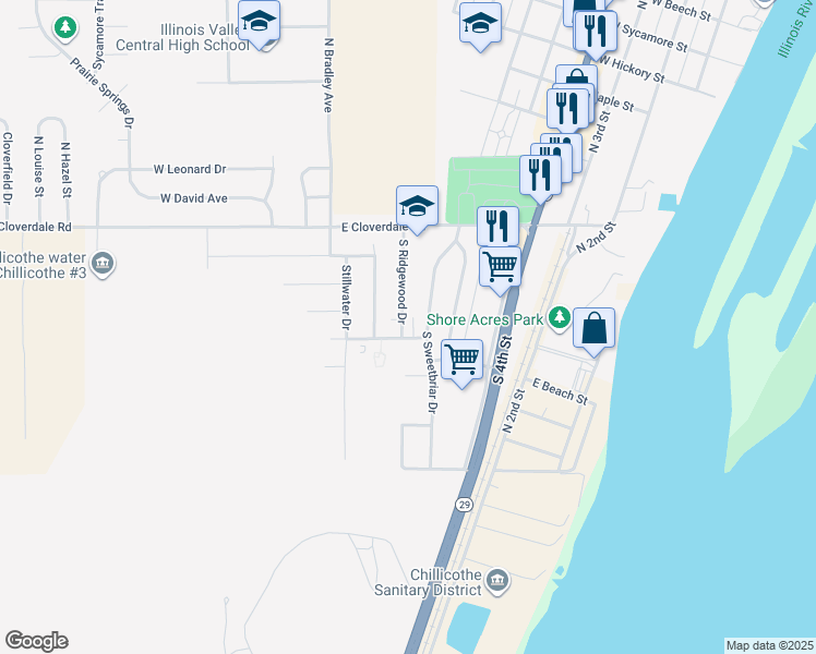 map of restaurants, bars, coffee shops, grocery stores, and more near 308 South Ridgewood Drive in Chillicothe