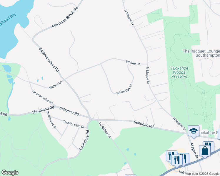 map of restaurants, bars, coffee shops, grocery stores, and more near 38 White Oak Lane in Southampton