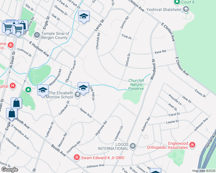 map of restaurants, bars, coffee shops, grocery stores, and more near 85 Mayflower Drive in Tenafly