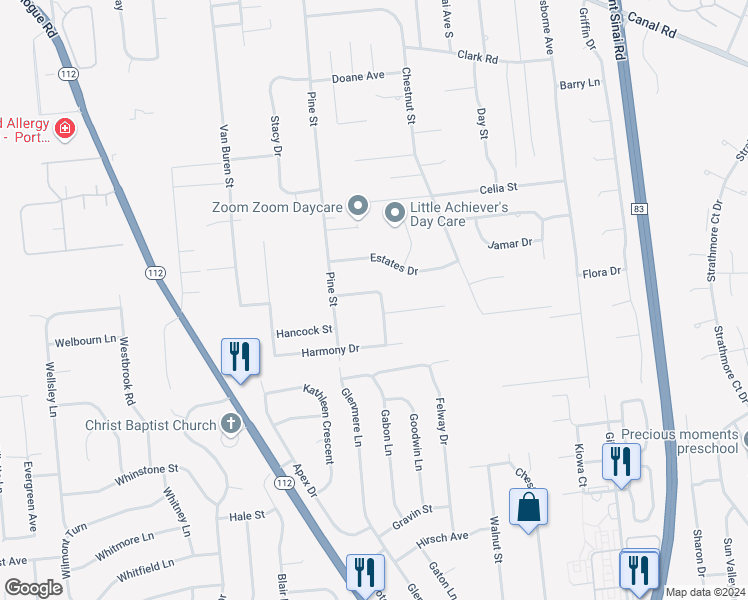 map of restaurants, bars, coffee shops, grocery stores, and more near 6 Andrew Street in Port Jefferson Station