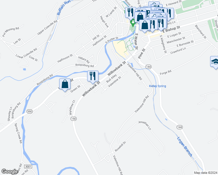 map of restaurants, bars, coffee shops, grocery stores, and more near 626 Valentine Street in Bellefonte