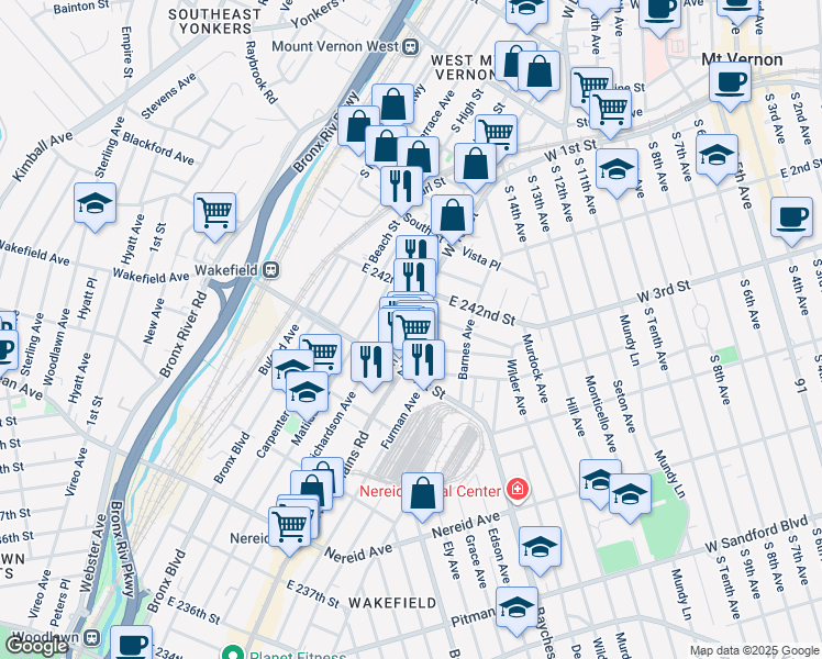 map of restaurants, bars, coffee shops, grocery stores, and more near 4759 White Plains Road in Bronx