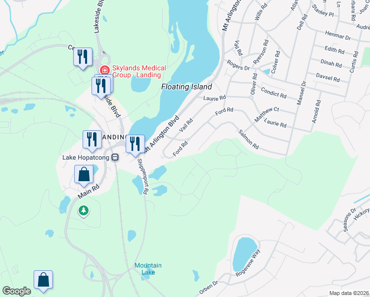 map of restaurants, bars, coffee shops, grocery stores, and more near 18 Ford Road in Roxbury Township