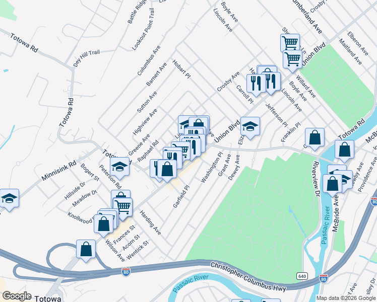 map of restaurants, bars, coffee shops, grocery stores, and more near 32 Saint James Place in Totowa