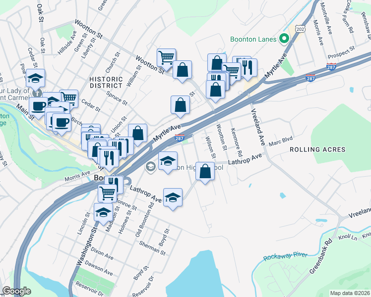 map of restaurants, bars, coffee shops, grocery stores, and more near 169 Kanouse Street in Boonton