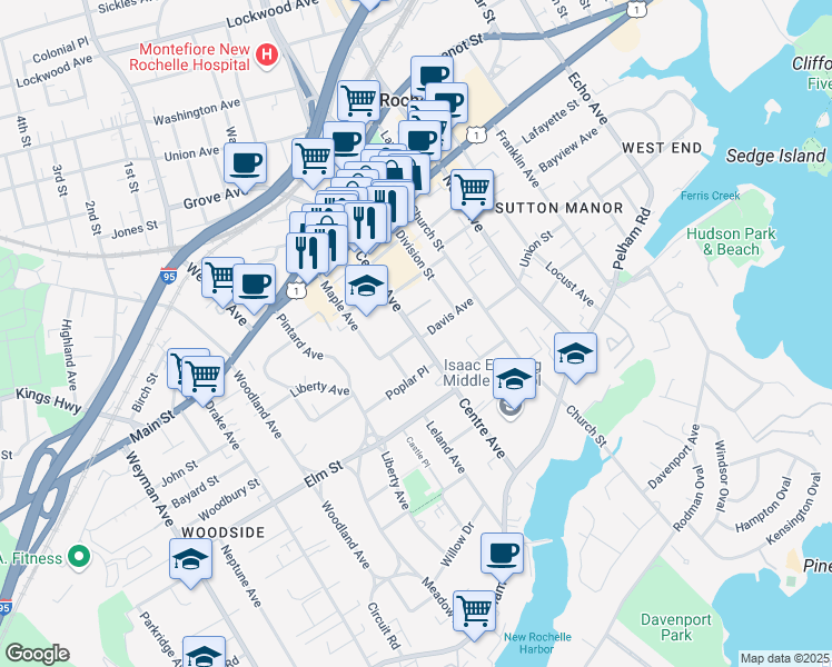 map of restaurants, bars, coffee shops, grocery stores, and more near Centre Avenue in New Rochelle