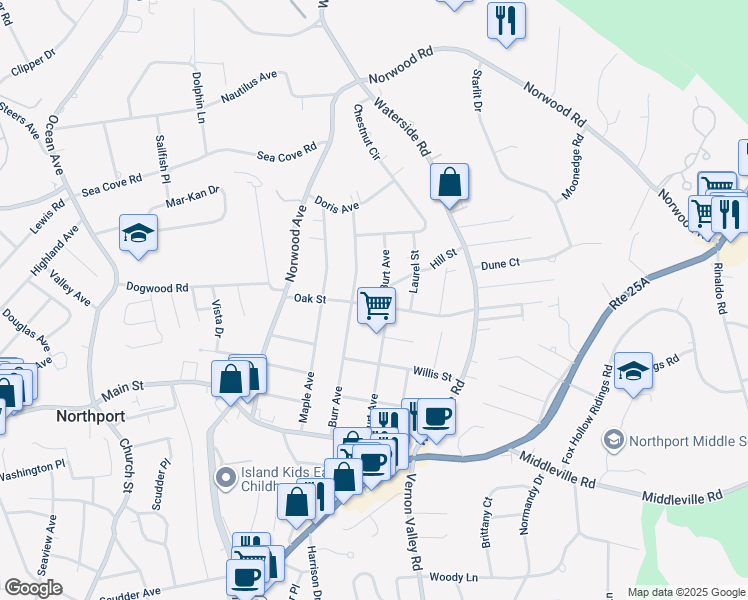 map of restaurants, bars, coffee shops, grocery stores, and more near 90 Burt Avenue in Northport