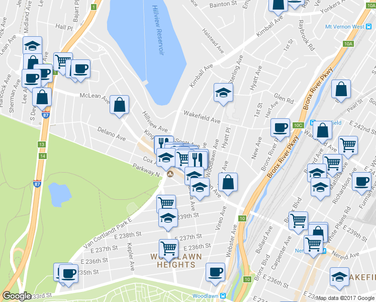 map of restaurants, bars, coffee shops, grocery stores, and more near 35 Glover Avenue in Yonkers