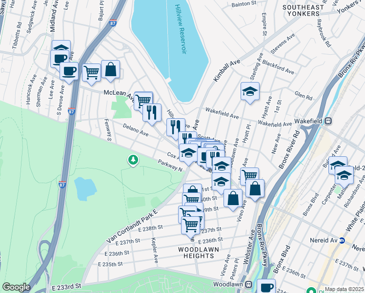 map of restaurants, bars, coffee shops, grocery stores, and more near 900 McLean Avenue in Yonkers