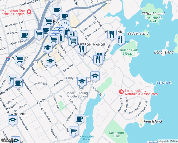 map of restaurants, bars, coffee shops, grocery stores, and more near 23 North Avenue in New Rochelle
