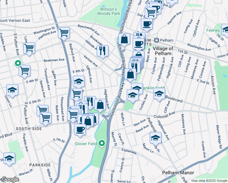 map of restaurants, bars, coffee shops, grocery stores, and more near 405 Warwick Avenue in Mount Vernon