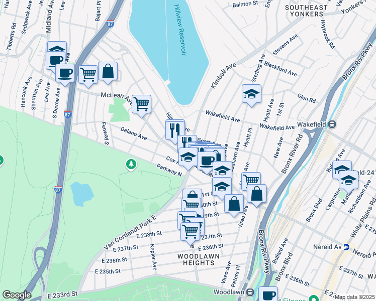 map of restaurants, bars, coffee shops, grocery stores, and more near 47 Kimball Avenue in Yonkers