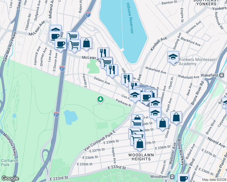 map of restaurants, bars, coffee shops, grocery stores, and more near 31 Harding Avenue in Yonkers