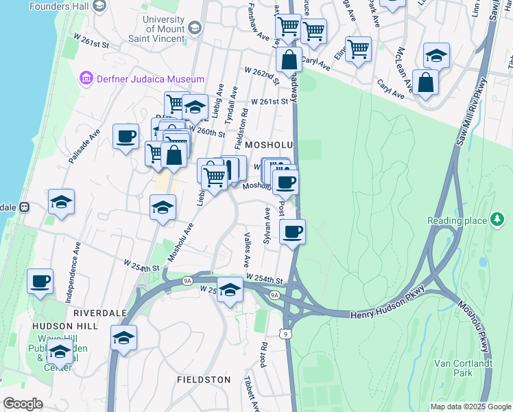 map of restaurants, bars, coffee shops, grocery stores, and more near 5737 Faraday Avenue in Bronx
