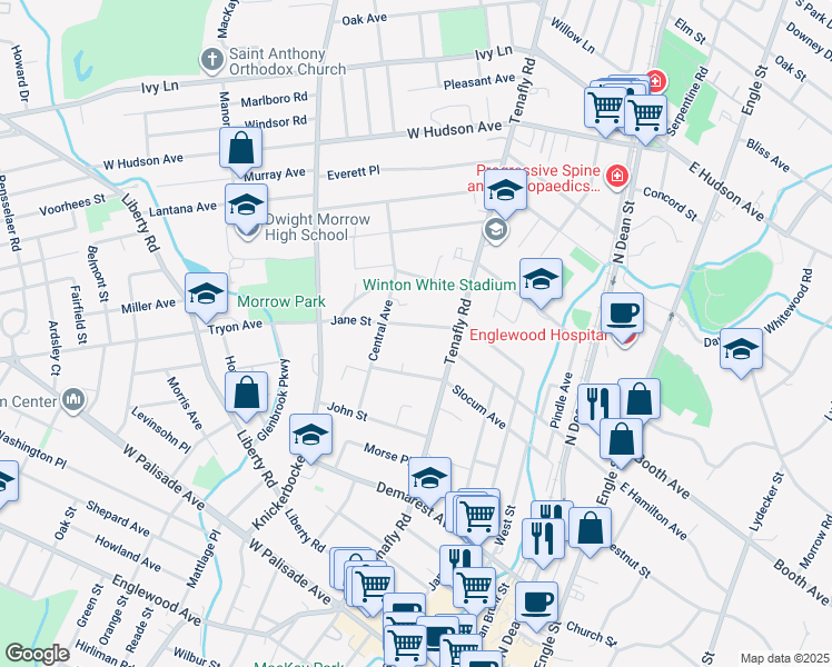 map of restaurants, bars, coffee shops, grocery stores, and more near 159 Jane Street in Englewood