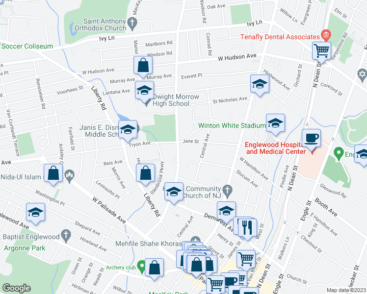 map of restaurants, bars, coffee shops, grocery stores, and more near 191 Knickerbocker Road in Englewood