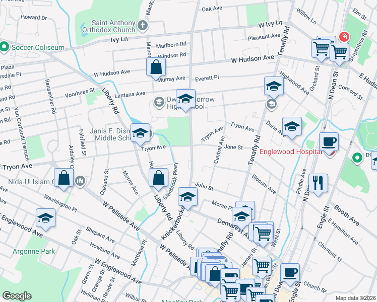 map of restaurants, bars, coffee shops, grocery stores, and more near 191 Knickerbocker Road in Englewood