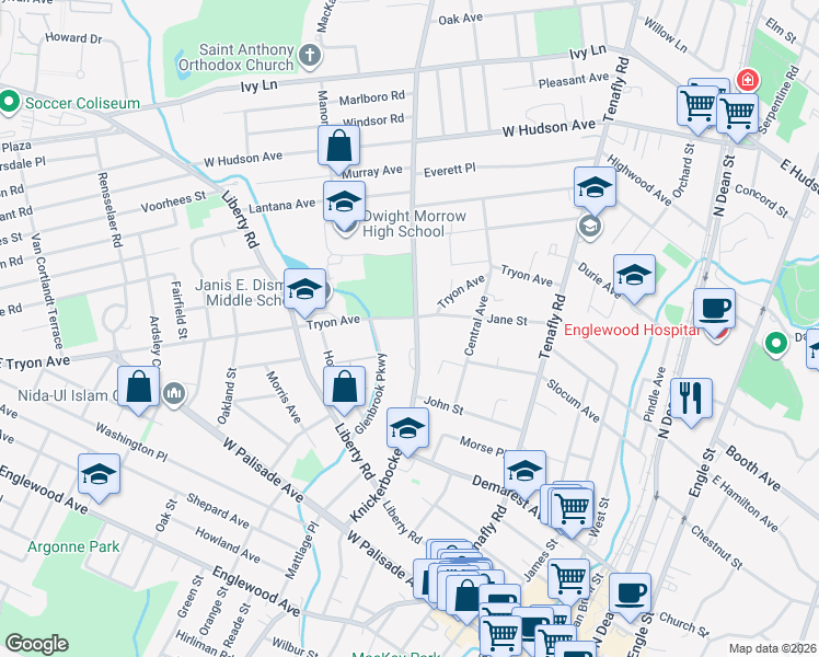map of restaurants, bars, coffee shops, grocery stores, and more near 191 Knickerbocker Road in Englewood